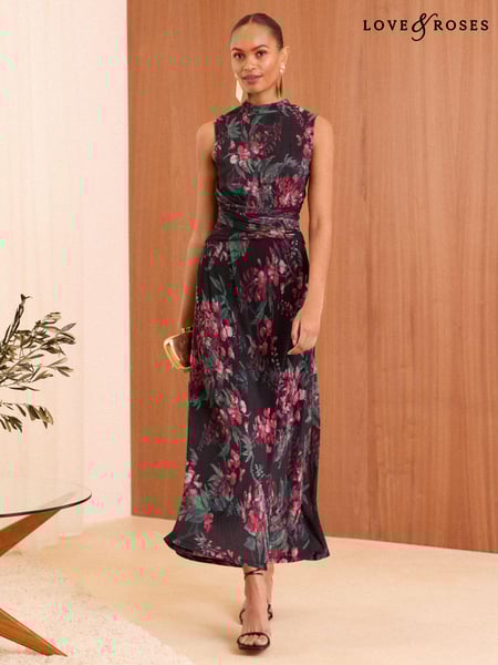 Love & Roses Black Floral Plisse Jersey Wrap Front Sleeveless Midi Dress (B97750) | € 47