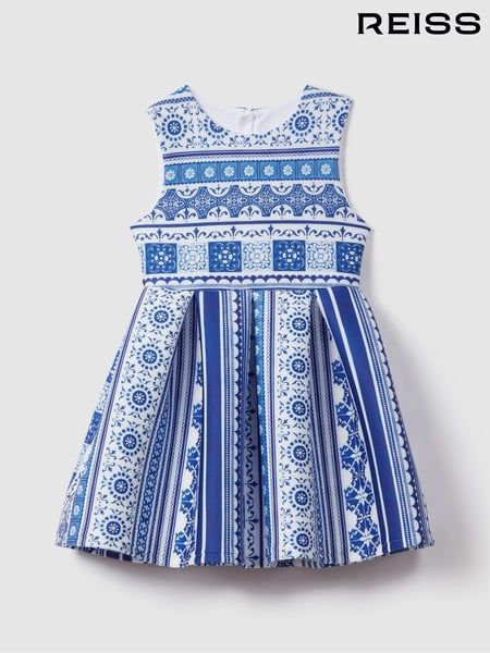 Reiss Blue Print Lena 13-14 yrs Tile Print Scuba Fit-and-Flare Dress (B98603) | € 98