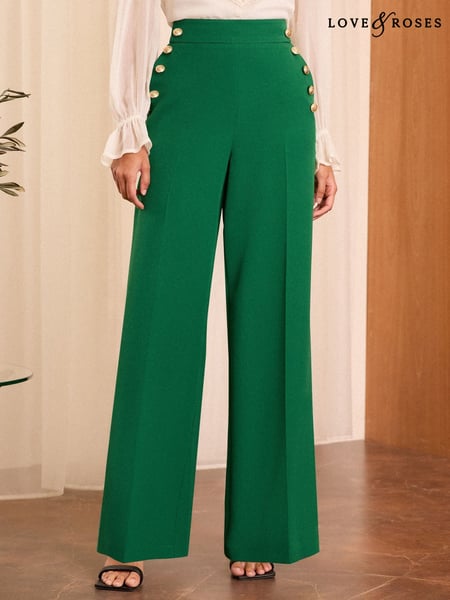 Love & Roses Green Military Button Wide Leg Tailored Trousers (B98637) | € 70