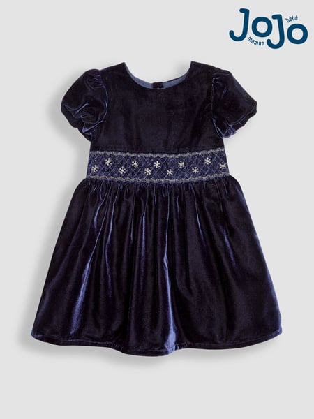 JoJo Maman Bébé Navy Blue Smock Waist Velvet Party Dress (B98899) | € 62 - € 70