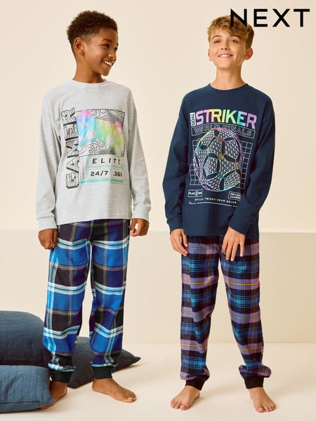 Multi Bright Gamer/Football 2 Pack Long Sleeve Woven Check 100% Cotton Pyjamas (3-16yrs) (B98928) | € 25 - € 35
