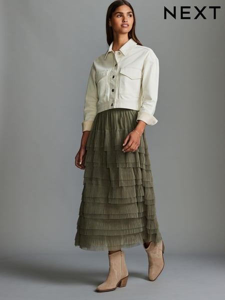 Khaki Green Mesh Tulle Midi Skirt (B99517) | € 84