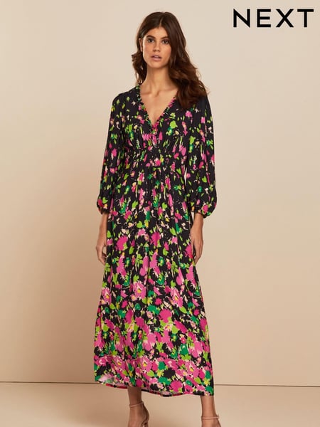 Black and Pink Floral Ruffle V-Neck 3/4 Sleeve Midi Dress (C00441) | € 33