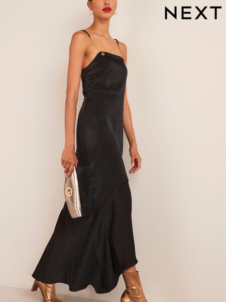 Black Satin Chain Detail Midi Dress (C02577) | € 43