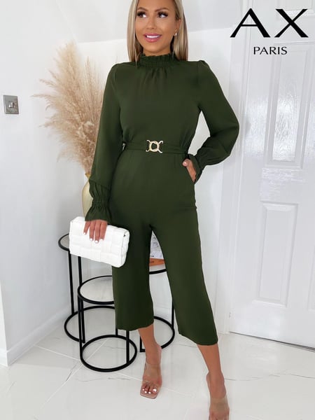 AX Paris Olive Green High Neck Long Sleeve Belted Jumpsuit (C03278) | € 14