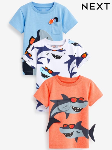 Blue/Pink Shark Character Short Sleeve T-Shirts 3 Pack (3mths-7yrs) (C03381) | € 14 - € 17