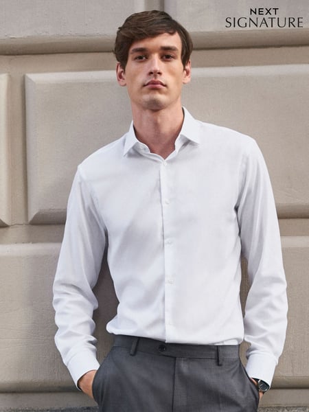 White Regular Fit Signature Premium 100% Cotton Textured Long Sleeve Single Cuff Shirt (C05769) | € 27