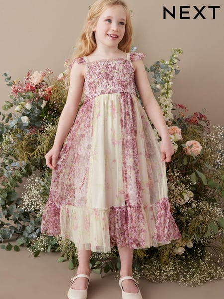 Pink/ Ecru White Floral Print Mesh Strappy Midi Dress (3-16yrs) (C06799) | € 19 - € 23