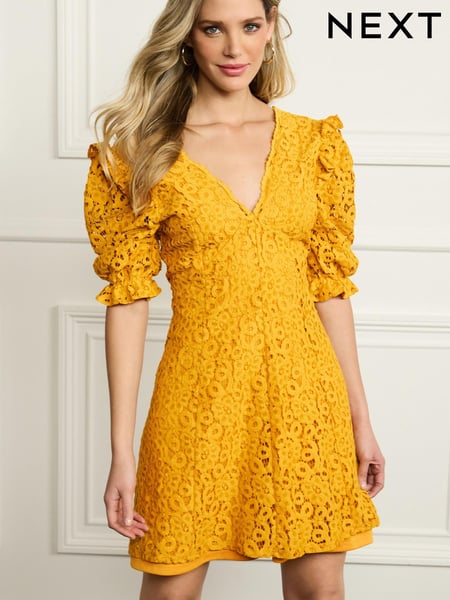 Ochre Yellow V-Neck Short Puff Sleeve Lace Mini Dress (C12042) | € 35