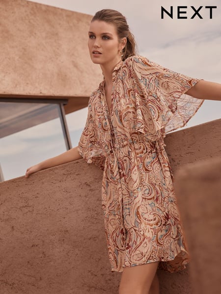 Ecru Cream Sparkle Paisley Print Flutter Sleeve Tie Waist Mini Dress (C15128) | € 21