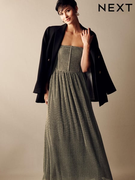 Silver Metallic Corset Detail Strapless Midi Dress (C16143) | € 34