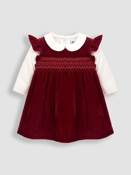 JoJo Maman Bébé Burgundy Red 2-Piece Smocked Velvet Baby Dress & Body Set (C19287) | € 54