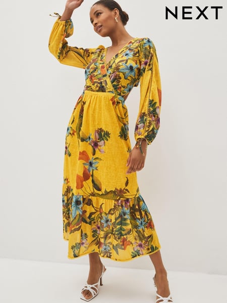 Yellow Floral Cut-Out V-Neck Long Sleeve Midi Dress (C20028) | € 66