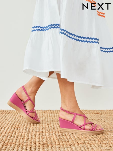 Pink Forever Comfort Leather Asymmetric Strappy Wedges (C22494) | € 11
