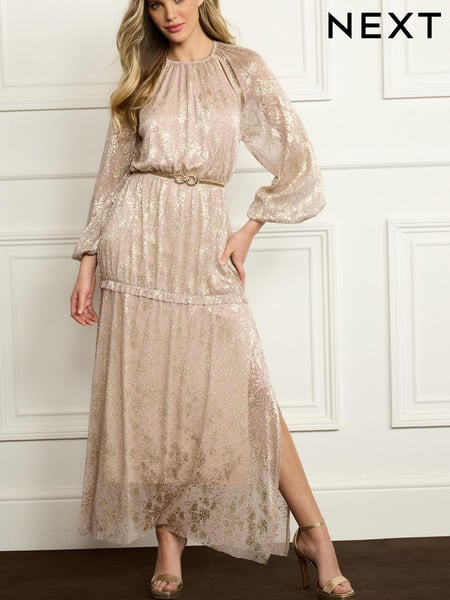 Blush Pink Foil Print Long Sleeve Midi Dress (C23404) | € 41