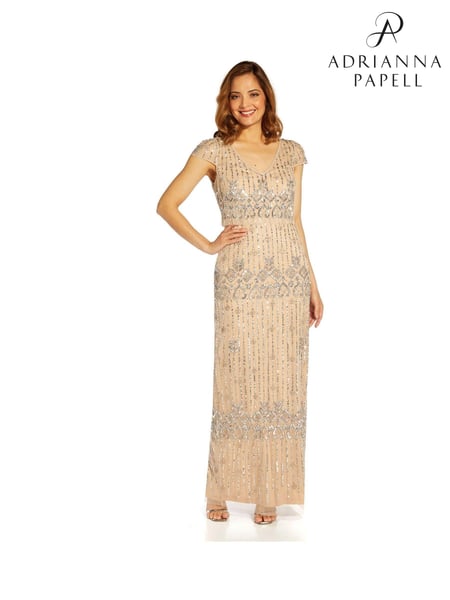 Adrianna Papell Silver Beaded Popover Column Gown (C23735) | € 115