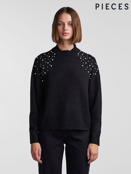 PIECES Black Round Neck Pearl Embellished Nod To Christmas Detail Jumper (C26475) | € 26