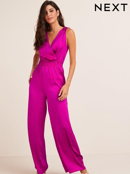 Bright Pink Satin V-Neckline Tie Back Wide Leg Jumpsuit (C31188) | € 30
