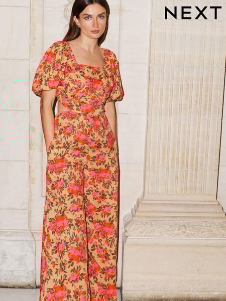 Pink Floral Wide Leg Puff Sleeve Jumpsuit (C32381) | € 29