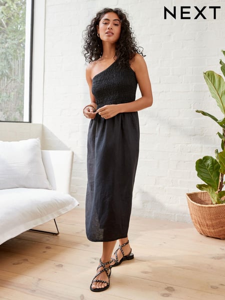 Black 100% Linen One Shoulder Midi Summer Dress (C34945) | € 20