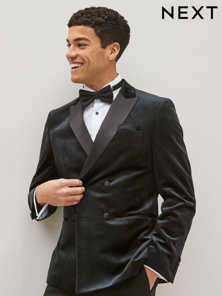 Black Double Breasted Slim Fit Velvet Blazer (C35378) | € 133