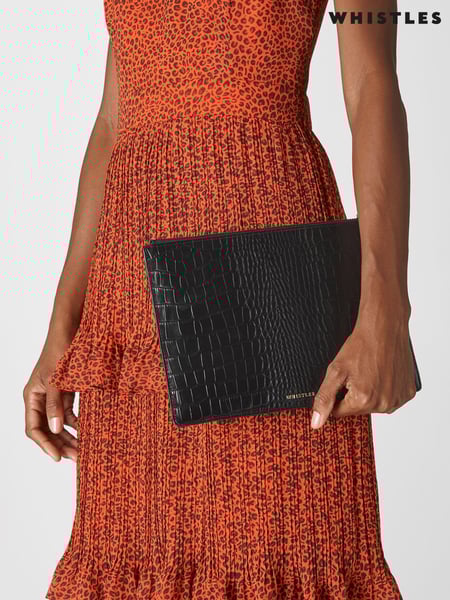 Whistles Black Medium Shiny Croc Effect Clutch Bag (C42393) | € 108