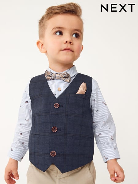 Navy Blue Check Waistcoat Set With Shirt And Bow Tie (3mths-7yrs) (C43697) | € 48 - € 54