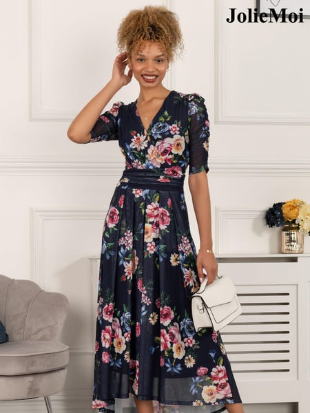 Jolie Moi Blue Haizley Floral Print Mesh Maxi Dress (C46378) | € 139