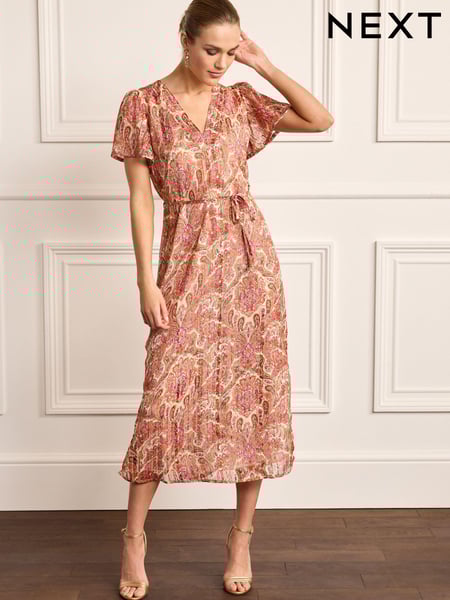 Pink Paisley V-Neck Chiffon Tie Waist Midi Dress (C46453) | € 12