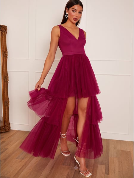 Chi Chi London Red V-Neck Tiered Tulle Dip Hem Dress (C48381) | € 82