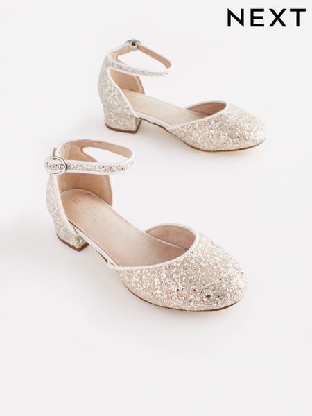 Ivory White Glitter Occasion Ankle Strap Low Heel Shoes (C49199) | € 35 - € 45