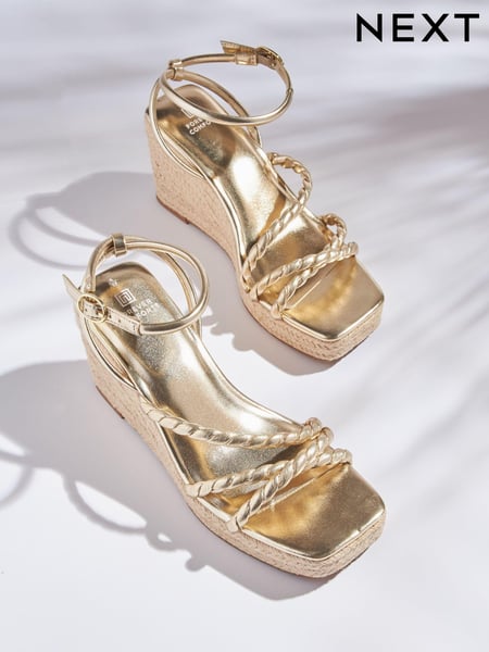 Gold Forever Comfort® Twist Strap Detail Square Toe Wedge Sandals (C54637) | € 15