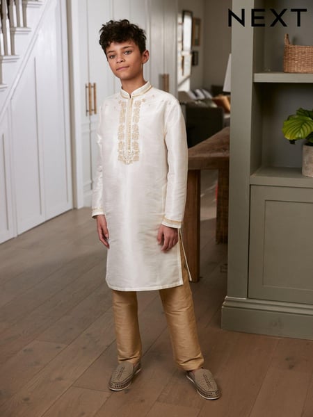 Ivory Cream/Gold Regular Length Embroidered Boys Kurta (3-16yrs) (C56309) | € 12 - € 15