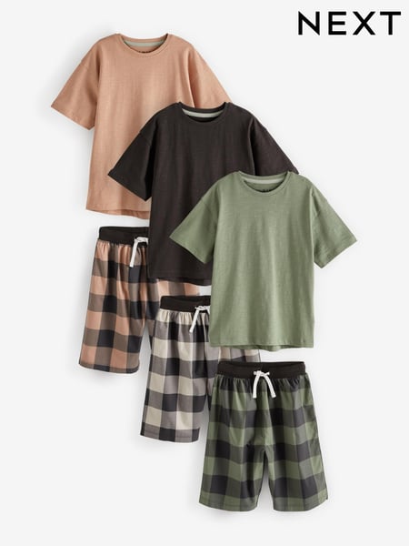 Black/Khaki/Blush 3 Pack 100% Cotton Woven Check Short Pyjamas (3-16yrs) (C59241) | € 28 - € 35