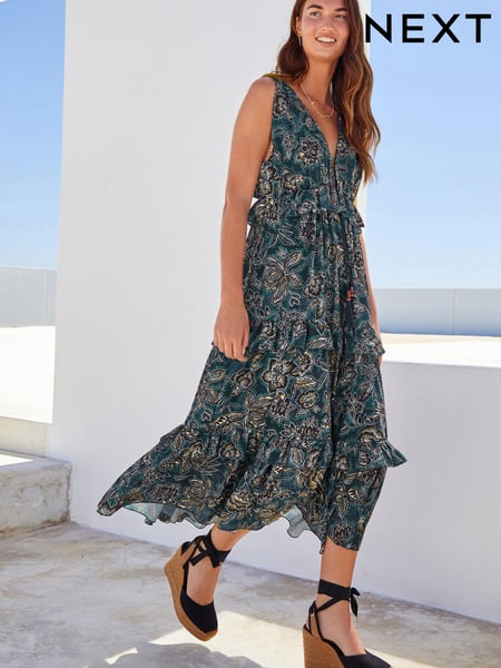 Navy Floral Plunge Frill Midi Summer Dress (C62367) | € 34