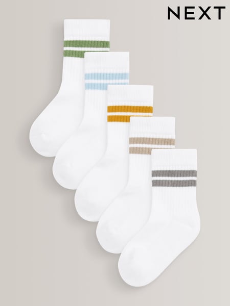 White/Neutrals Cushioned Footbed Cotton Rich Ribbed Tipped Socks 5 Pack (C63049) | € 10 - € 14