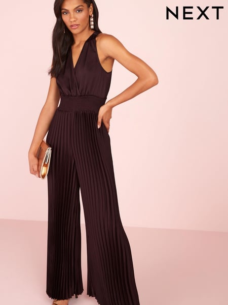 Brown Satin Wrap Front Pleated Jumpsuit (C66131) | € 32