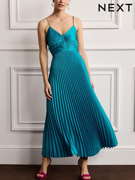 Blue Satin Backless Pleated Midi Dress (C66482) | € 46