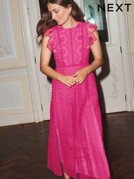Bright Pink Crochet Lace Short Sleeve Occasion Midi Dress (C72495) | € 80