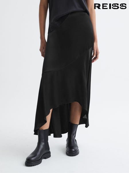 Reiss Black Inga Satin High Rise Midi Skirt (C72620) | € 246