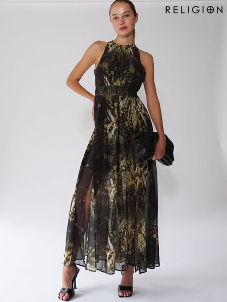 Religion Black Halterneck Maxi Dress In Beautiful Golden and Black Print (C76361) | € 32