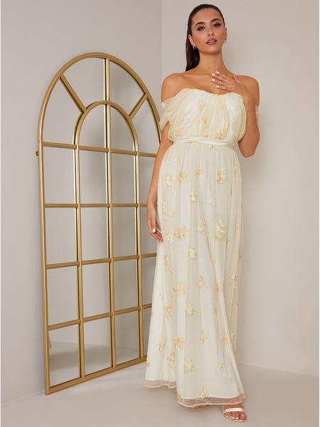 Chi Chi London Cream Bardot Embroidered Floral Dobby Lace Maxi Dress (C78706) | € 69
