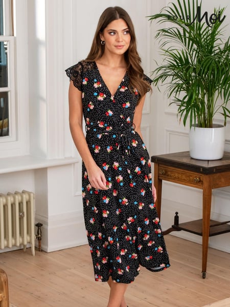 Pour Moi Black Ditsy Julie Slinky Jersey Lace Trim Midi Dress (C79365) | € 76