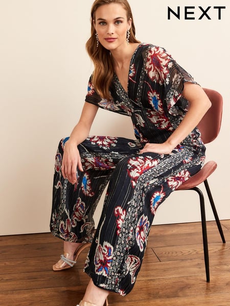 Navy Blue Sparkle Floral Batwing Wide Leg Jumpsuit (C81910) | € 28