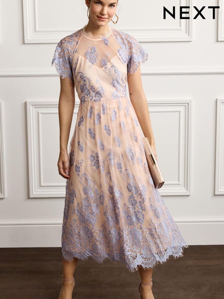 Light Blue/Peach Pink Floral Lace High Neck Short Sleeve Midi Dress (C82438) | € 58
