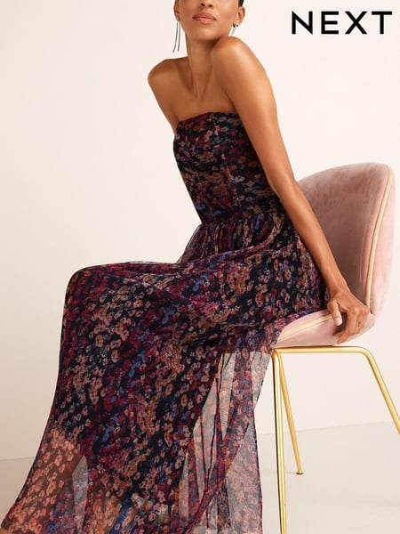 Navy Blue Ditsy Boobtube Corset Detail Mesh Midi Dress (C82910) | € 41