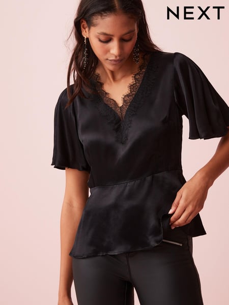 Black Lace Detail Flutter Sleeve Satin Top (C85279) | € 14
