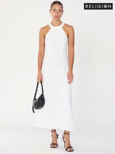 Religion White Halterneck Beaded Sequin Midi Maxi Dress (C95468) | € 84