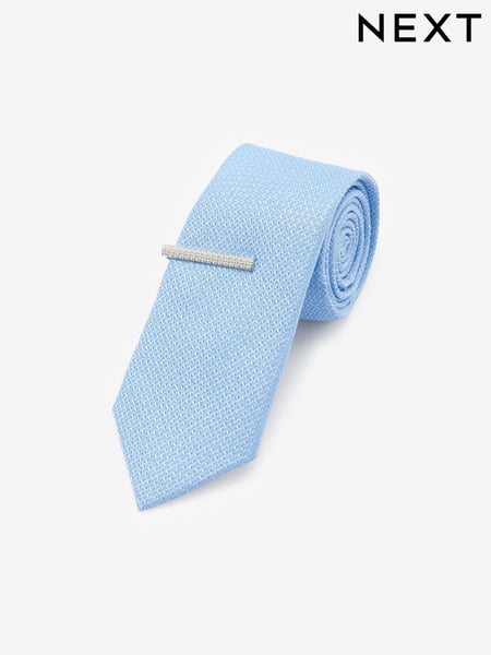 Light Blue Slim Textured Tie And Clip Set (D07236) | € 12