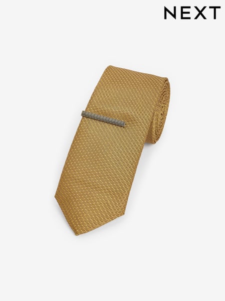 Mustard Yellow Slim Textured Tie And Clip Set (D07237) | € 7